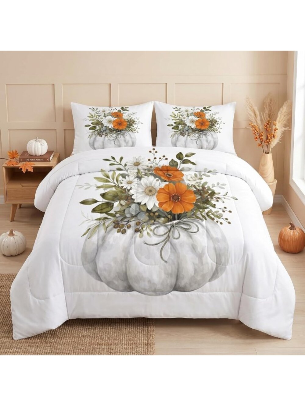 Cozy Queen Fall Comforter Set - 3 Piece Rustic Pumpkin Bedding for Autumn Decor